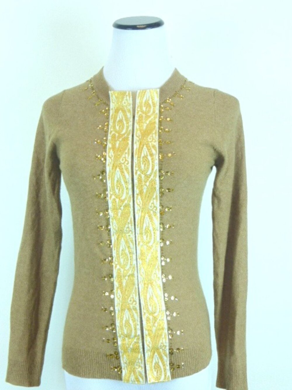 PLENTY TRACY REESE gold brocade beaded brown cardigan sweater cashmere S